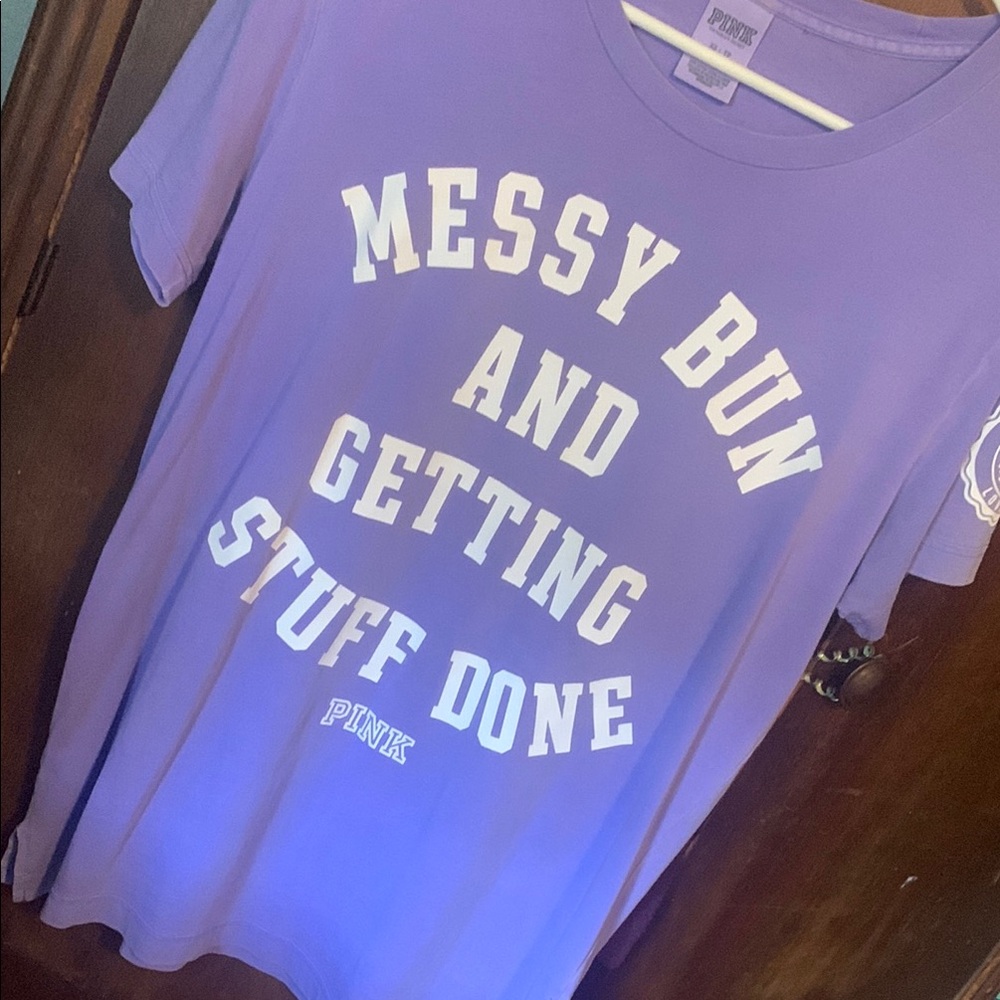 PINK Victoria's Secret Purple Tee - Messy Bun Graphic